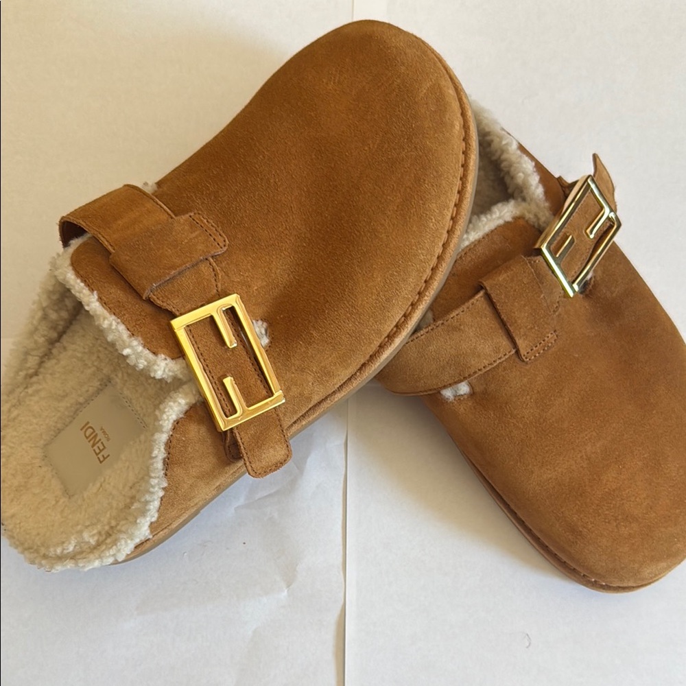Fendi Brown Suede Shearling Lined Mules - Picture 1 of 15